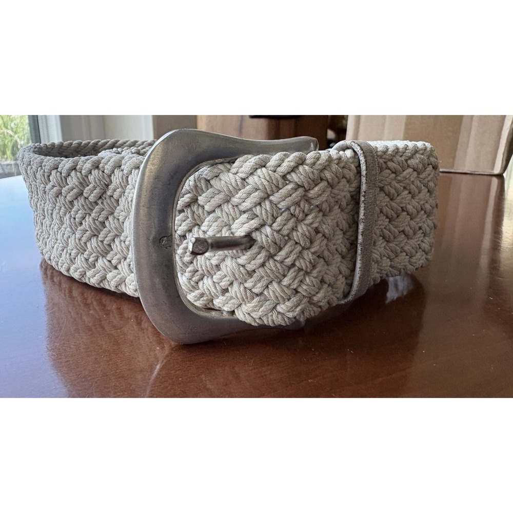 Vtg 70 80s Braided Rope Belt Cream Woven Macrame Silver Buckle Europe 120 Unisex